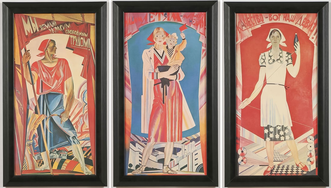 3 SOVIET COLD WAR WOMEN PROPAGANDA POSTERS: 3 SOVIET COLD WAR WOMEN PROPAGANDA POSTERS. Comprising 3 striking Soviet propaganda posters featuring women. One of a woman in a field titled We Will Brighten the Earth by Free Labor, another of a wom