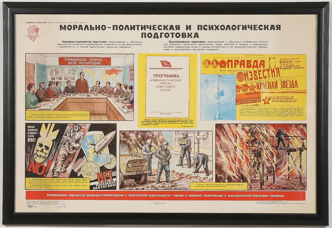 SOVIET SOCIAL, POLITIAL, PSYCHOLOGICAL PROPAGANDA: SOVIET SOCIAL, POLITIAL, PSYCHOLOGICAL PROPAGANDA POSTER. Comprising a Social, Political, and Psychological Training propaganda poster featuring text by Rudenko and Brilliantov: "Social Political: The