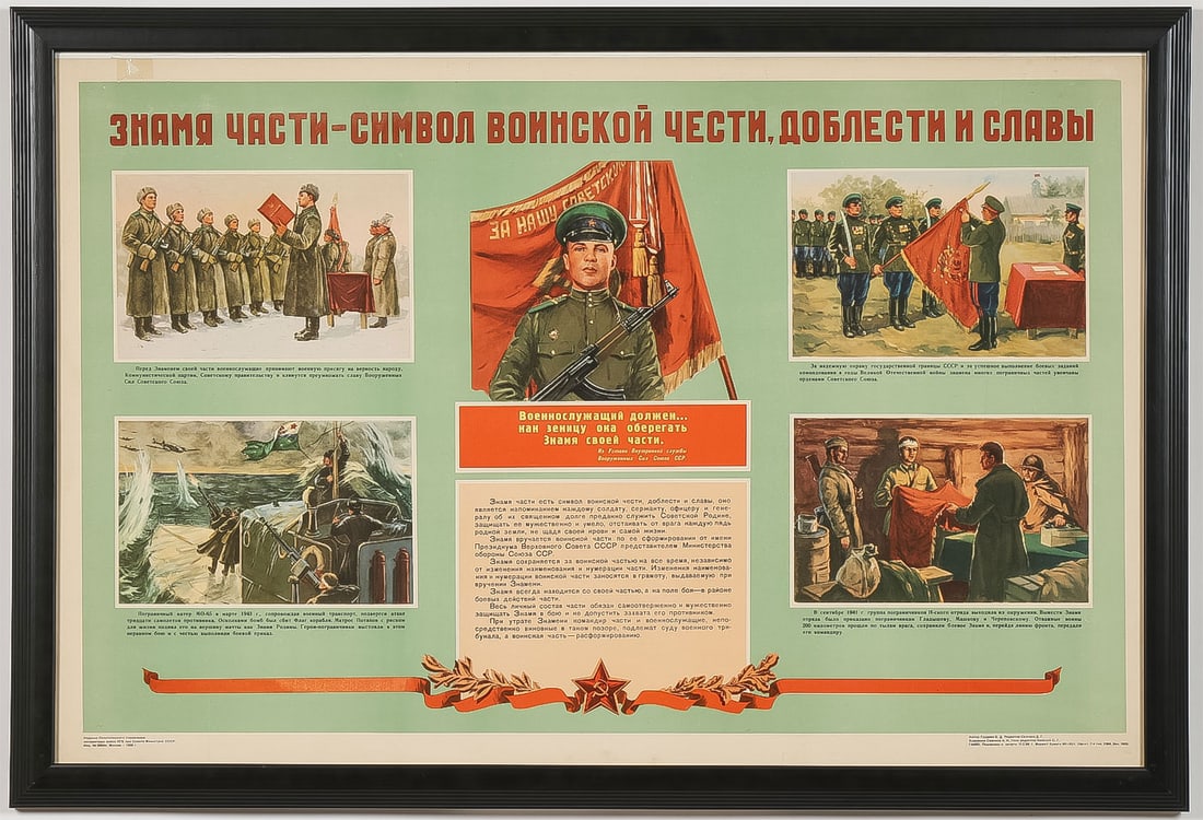 SOVIET PRO MILITARY PROPAGANDA POSTER - 1958: SOVIET PRO MILITARY PROPAGANDA POSTER - 1958. Comprising a patriotic Military propaganda poster depicting five panels of soldiers and division banners, text reading Top left: "In front of their divisi