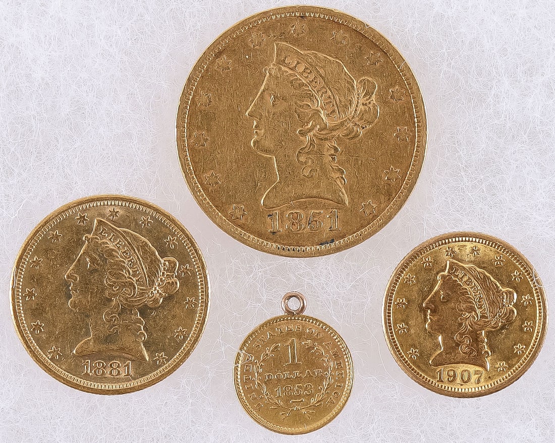 4 U.S. GOLD COINS 1851-1907: 4 U.S. GOLD COINS 1851-1907. Comprising 4 U.S. gold coins including an 1851 $10 gold Liberty Head Eagle, a $5 gold Liberty, a Liberty Head $2 ½ quarter eagle, and an 1853 Liberty Head gold dollar