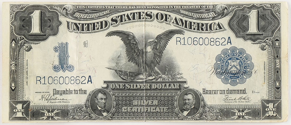 US SERIES 1899 $1 SILVER CERTIFICATE, LARGE SIZE: US SERIES 1899 $1 SILVER CERTIFICATE, LARGE SIZE. Comprising a good 1899 series large-size silver certificate in good, albeit ungraded, condition.SHIPPING NOTICE:If you are not using the Live Auctio