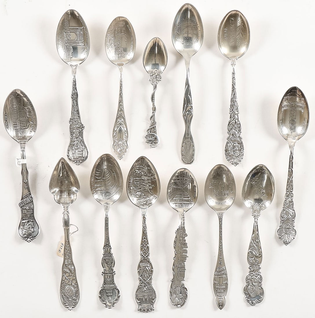 64 STERLING SILVER SOUVENIR SPOONS: 64 STERLING SILVER SOUVENIR SPOONS. Comprising a group of 64 sterling silver souvenir spoons and 3 souvenir forks. The spoons include 3 examples with Native American chiefs on the finial, as well as o