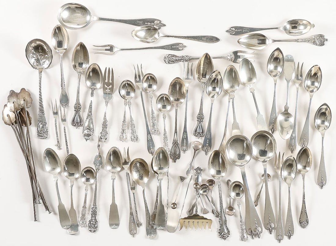 54 PIECES MIXED AMERICAN SILVER: 54 PIECES MIXED AMERICAN SILVER. Comprising 54 pieces of sterling silver from makers including Reed and Barton, Gorham, Rogers, Lunt & Bowlen, and others, including spoons, serving utensils, iced tea