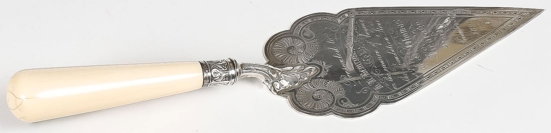 1892 DATED ENGLISH SILVER PRESENTATION TROWEL: 1892 DATED ENGLISH SILVER PRESENTATION TROWEL & ANOTHER. Comprising a large and finely crafted sterling silver and -handled presentation trowel. The pointed trowel blade with scalloped base, heavily a