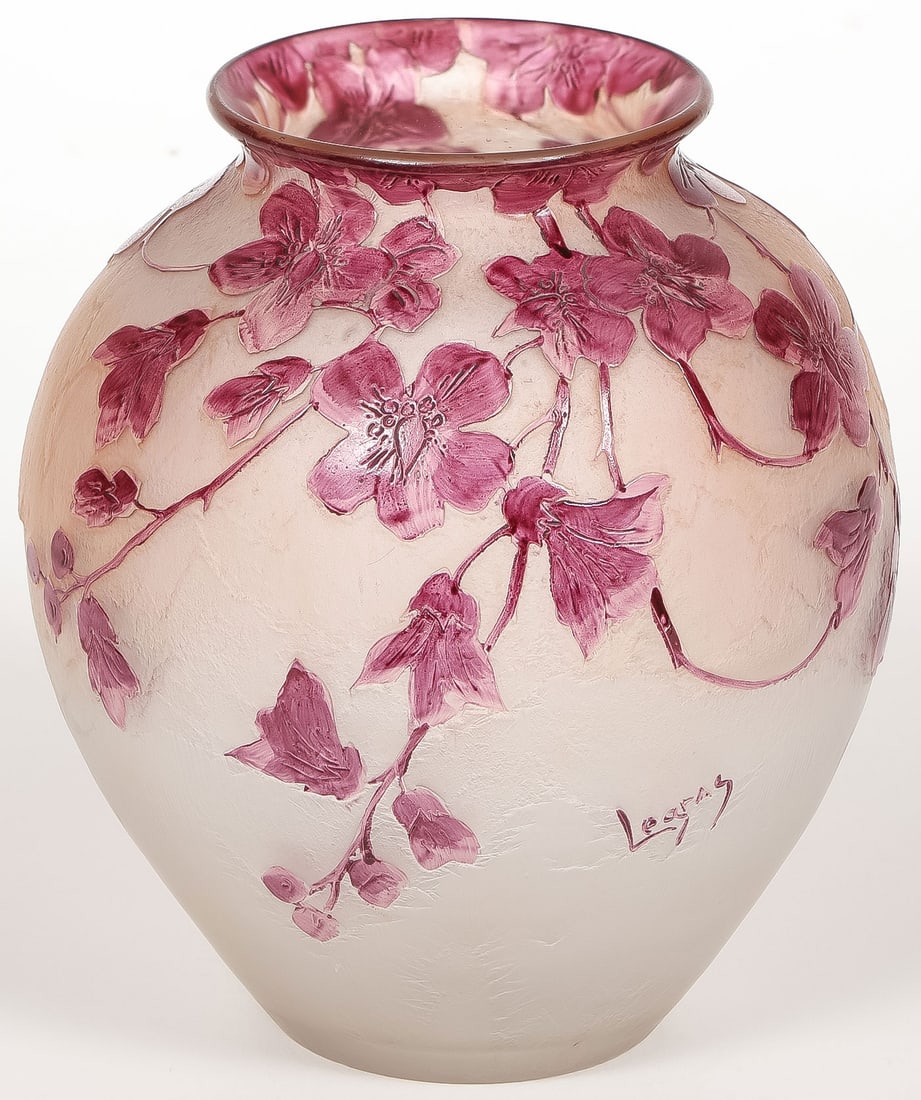 LOVELY FRENCH LEGRAS CAMEO GLASS VASE: LOVELY FRENCH LEGRAS CAMEO GLASS VASE. Of bulbous form with deeply carved flowering vines and chipped ice finish. The side signed LeGras and underside signed OVINGTON NEW YORK FRANCE. Height 8 inches