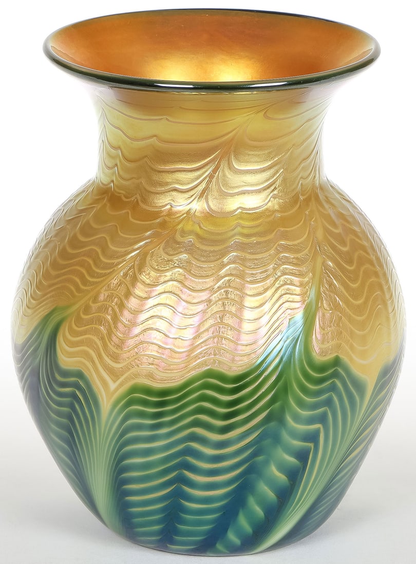 GREAT LUNDBERG ART GLASS VASE: GREAT LUNDBERG ART GLASS VASE. Iridescent gold glass with pulled feather design, signed on pontil and dated 1997. Height 6.25 inches.SHIPPING NOTICE:If you are not using the Live Auctioneers Live Sh