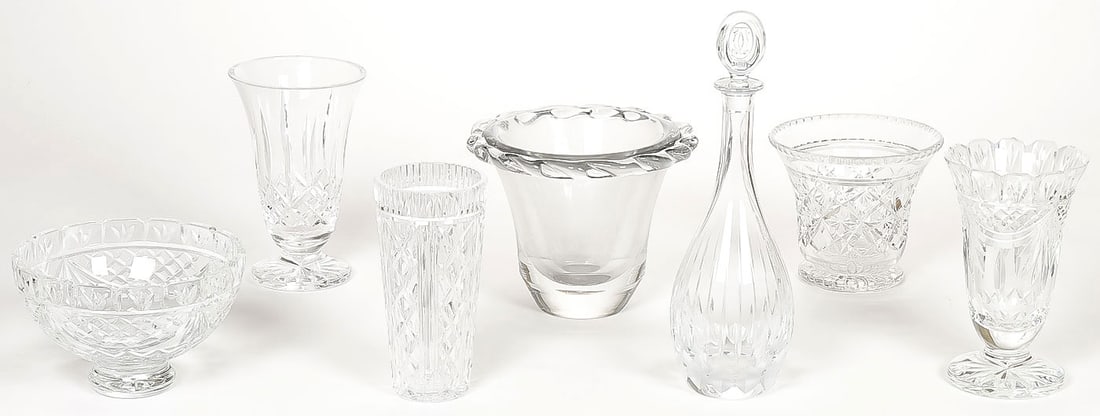 GREAT GROUP OF WATERFORD, CARTIER, DAUM & OTHERS: GREAT GROUP OF WATERFORD, CARTIER, DAUM & OTHER CRYSTAL. Comprising 7 pieces total including 3 Waterford Crystal vases in the Killeen (8 inches), Lismore (8.5 inches), and Penrose (8.5 inches) pattern