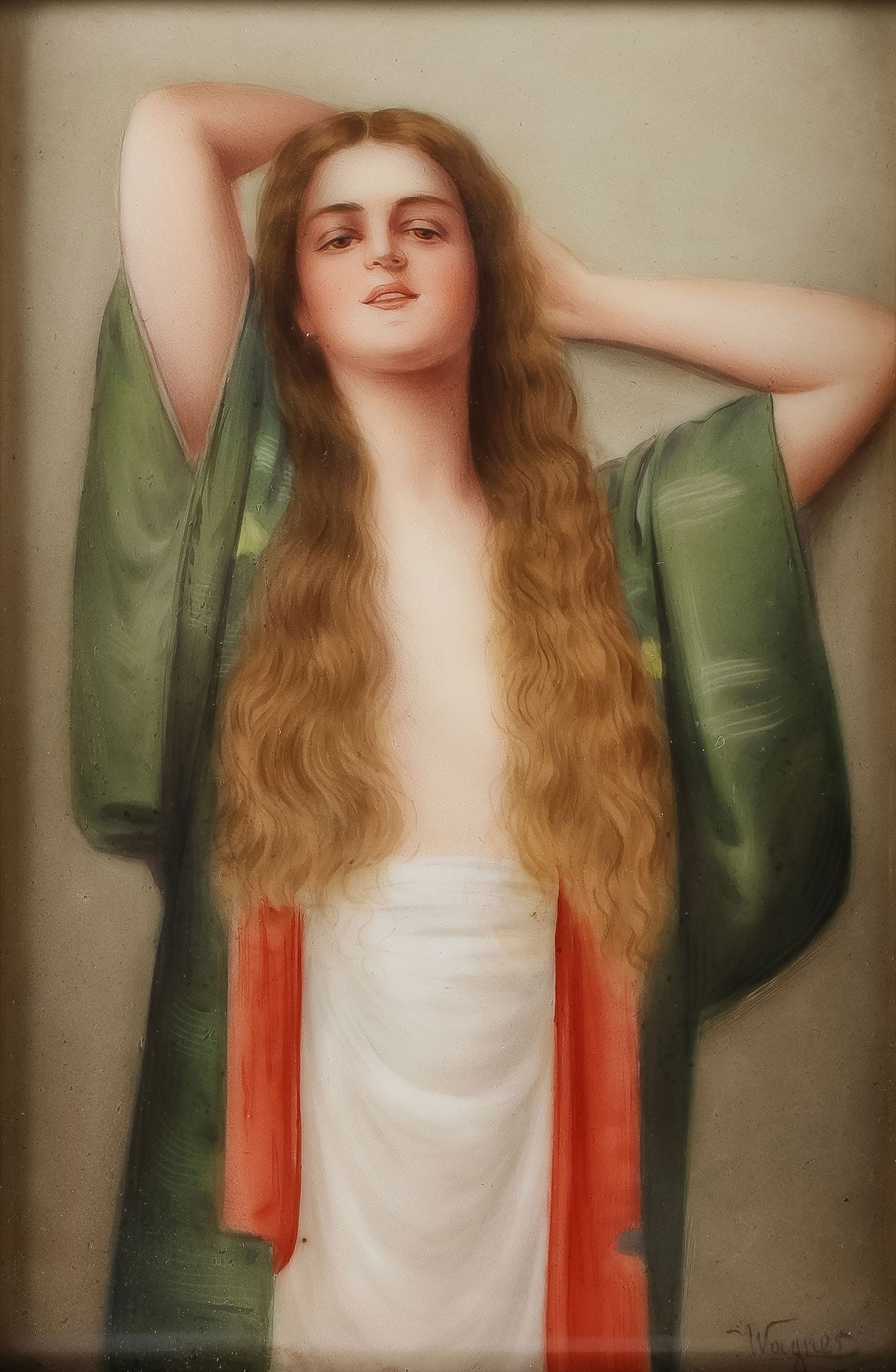 WAGNER SIGNED PORCELAIN PLAQUE, C. 1900: WAGNER SIGNED PORCELAIN PLAQUE, C. 1900. Comprising a hand-painted porcelain plaque based on the original painting by Max Nonnenbruch titled Wellbeing, signed lower right Wagner, verso with impressed