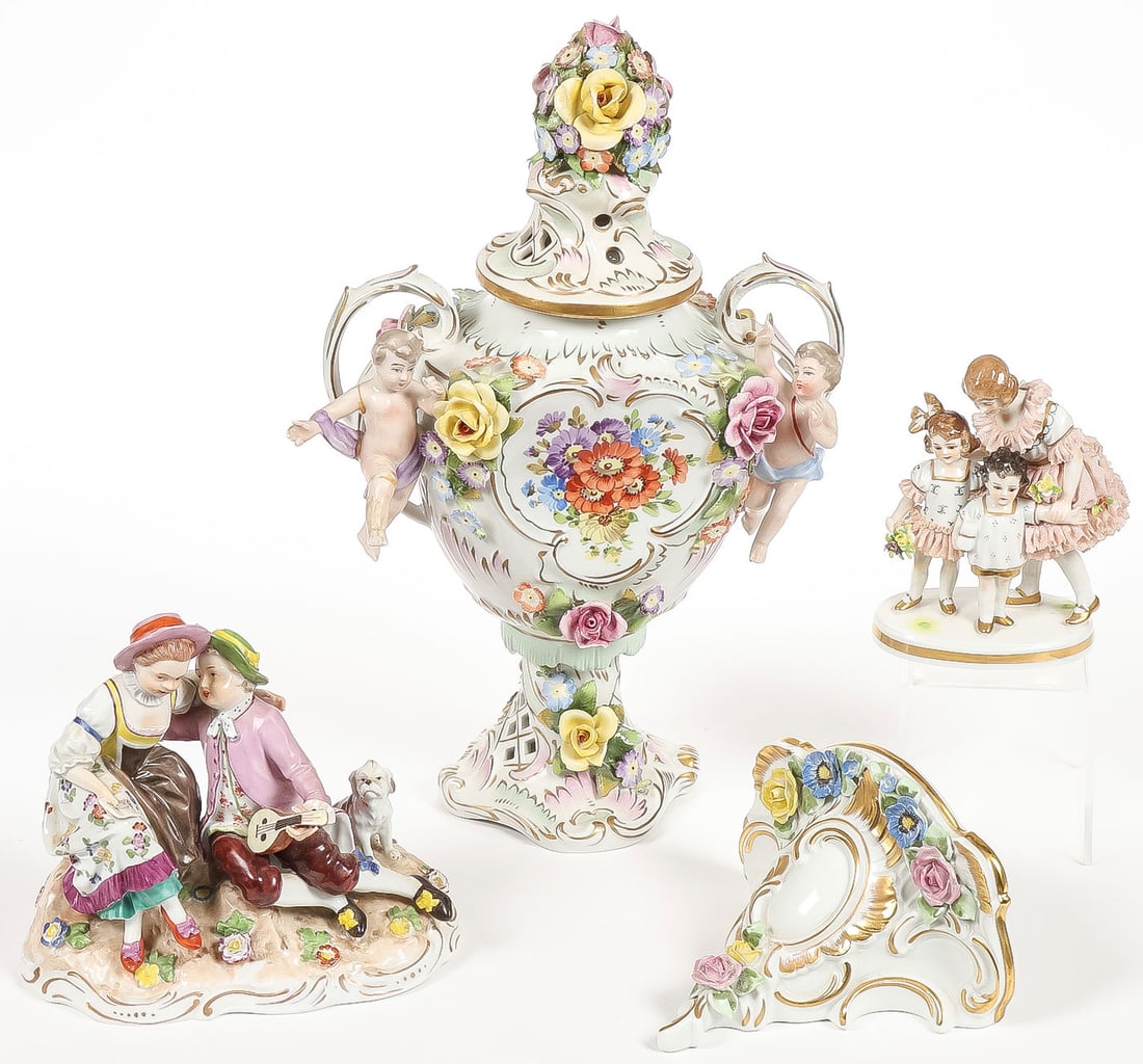 DRESDEN AND VIENNESE PORCELAIN GROUP: DRESDEN AND VIENNESE PORCELAIN GROUP. Comprising four individual pieces, including a large and impressive double handled potpourri jar with floral and gilt decorations, the shoulders set with two putt