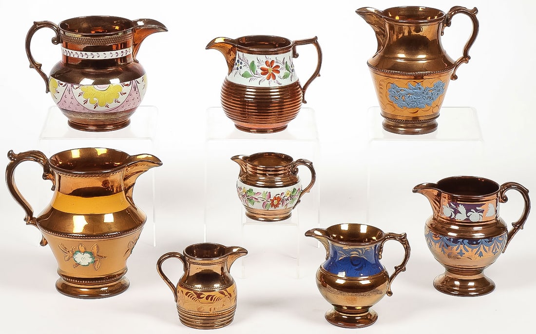 8 COPPER LUSTERWARE JUGS (1 of 2)