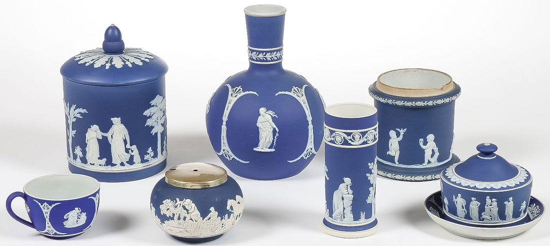8 PIECES WEDGEWOOD & OTHER JASPERWARE: 8 PIECES WEDGEWOOD & OTHER JASPERWARE. Comprising 7 pieces of Wedgwood including a biscuit jar (7.75 inches), spill vase (5.75 inches), and other pieces as shown. Greatest height 7.75 inches. Together