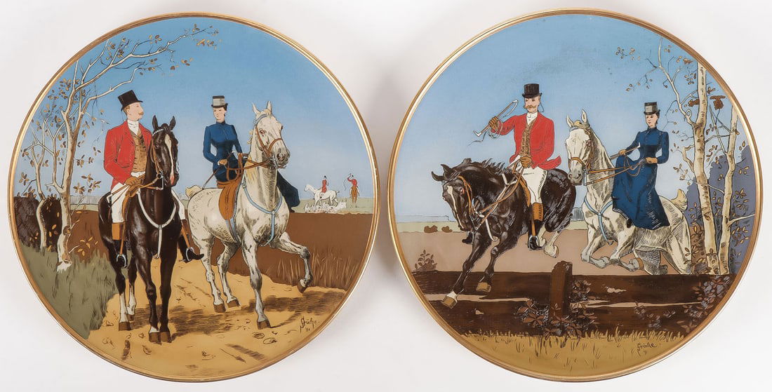 PR LARGE METTLACH FOX HUNT CHARGERS: PR LARGE METTLACH FOX HUNT CHARGERS. Comprising a pair of large, colorful incised chargers with gilt rims depicting a man and woman hunting fox, each signed Stocke and dated 91. The versos each with i