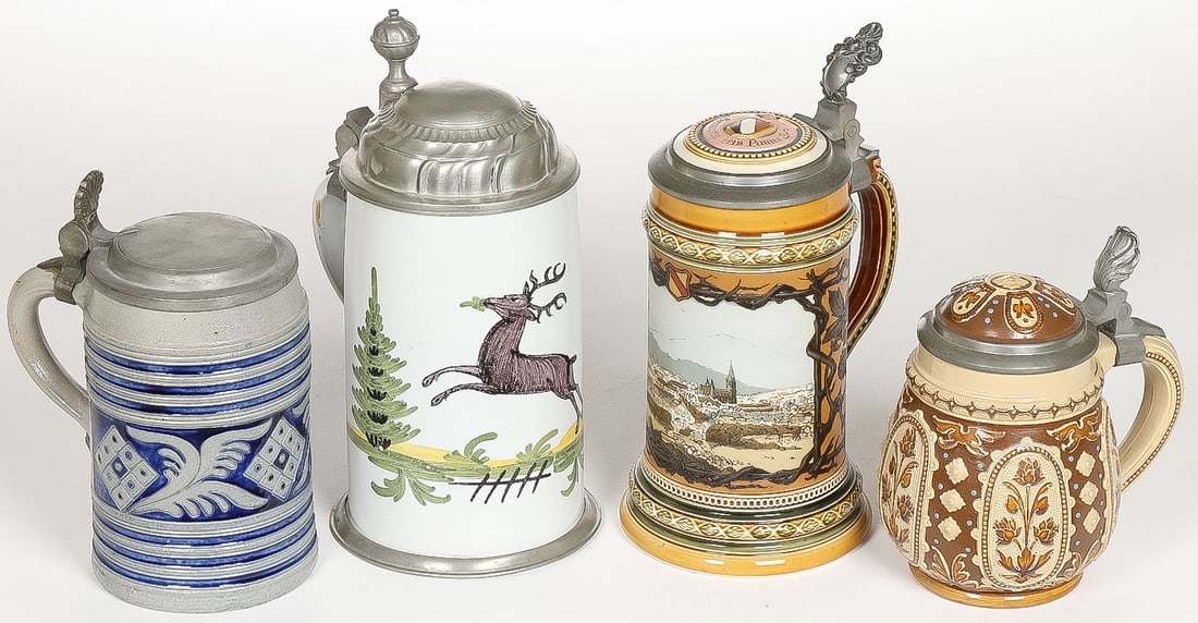 METTLACH & OTHER BEER STEINS: METTLACH & OTHER BEER STEINS. Comprising four individual German beer steins, including an incised Mettlach #1798; another Mettlach #1816; a blue and grey lidded stein, unmarked; and an early 19th-cent
