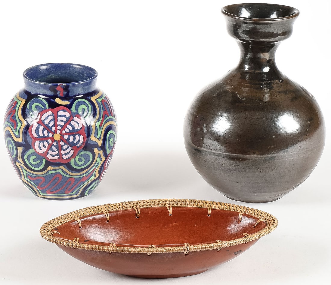 INTERESTING MIXED CERAMICS GROUP: INTERESTING MIXED CERAMICS GROUP. Comprising an Art Deco glazed vase impressed Germany and 22, likely by Carl Gebauer, height 6.25 inches. Together with a Korean dark brown glazed bulbous vase with fl