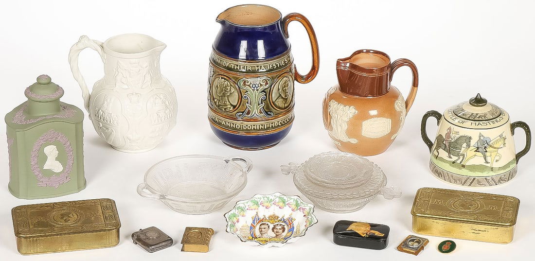 ENGLISH CORONATION AND RELATED WARES: ENGLISH CORONATION AND RELATED WARES. Comprising 18 individual items, including a large Doulton Edward VII coronation jug; a Brownfield Royal Wedding of Edward and Alexandra 1863 relief-molded mug; a