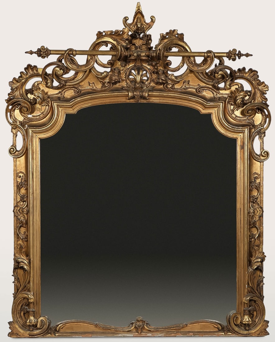 MONUMENTAL LOUIS XV OVER MANTLE MIRROR, 19th C: MONUMENTAL LOUIS XV OVER MANTLE MIRROR, 19th C. Comprising a large and impressive Louis XV style, carved and gilt impressed gessoed wooden overmantle mirror with ornate rocaille scrolls and pierced ba