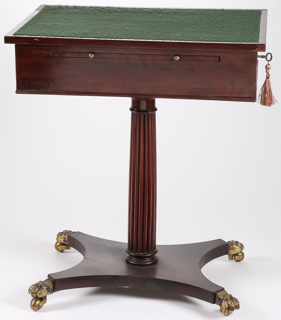 LOVELY REGENCY MAHOGANY WRITING TABLE: LOVELY REGENCY MAHOGANY WRITING TABLE. Comprising a fine Georgian writing table, circa 1800. The base with 4 cast bronze paw castors supporting a fluted central column with felt inlaid adjustable surf