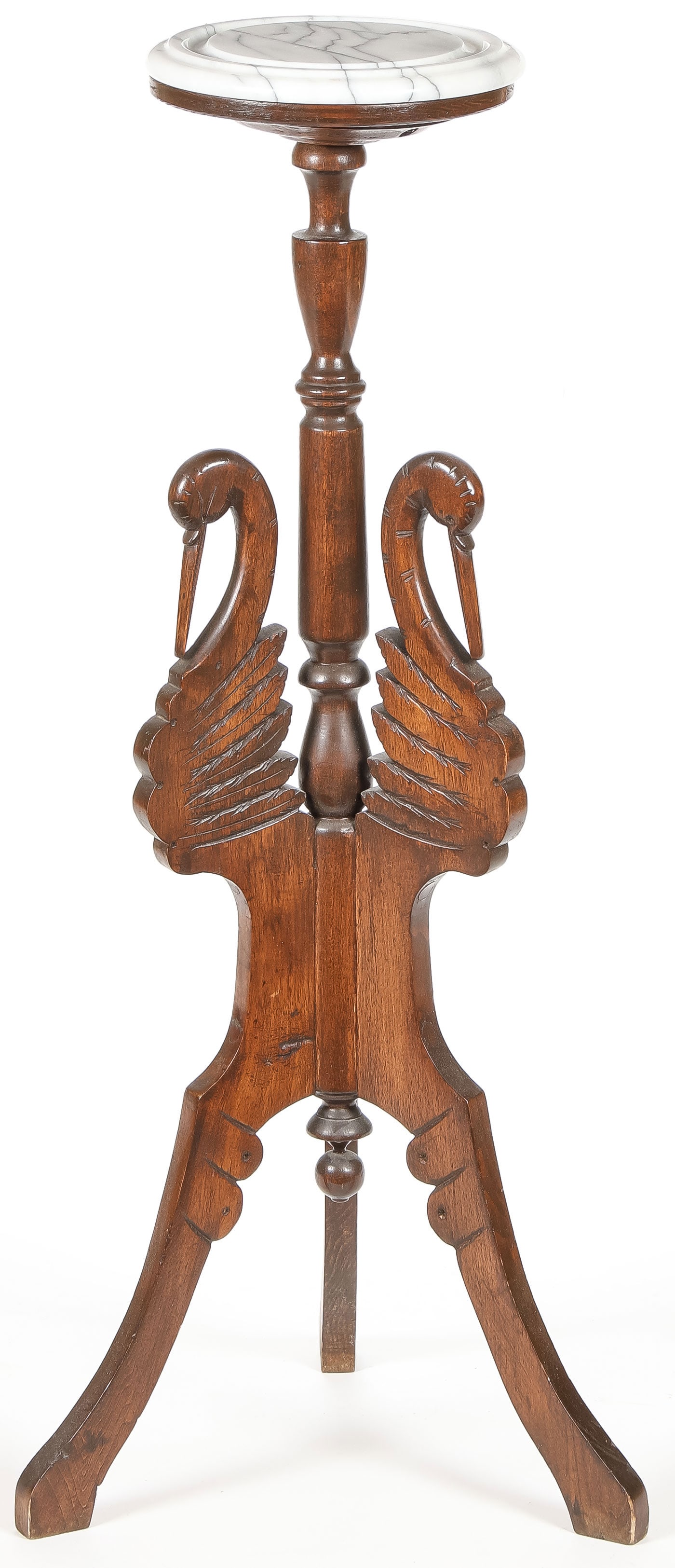 VICTORIAN WALNUT STORK FORM PEDESTAL: VICTORIAN WALNUT STORK FORM PEDESTAL. Resting on three spread legs, each terminating with carved storks, and with round marble top. Height 34 inches.SHIPPING NOTICE:If you are not using the Live Auc