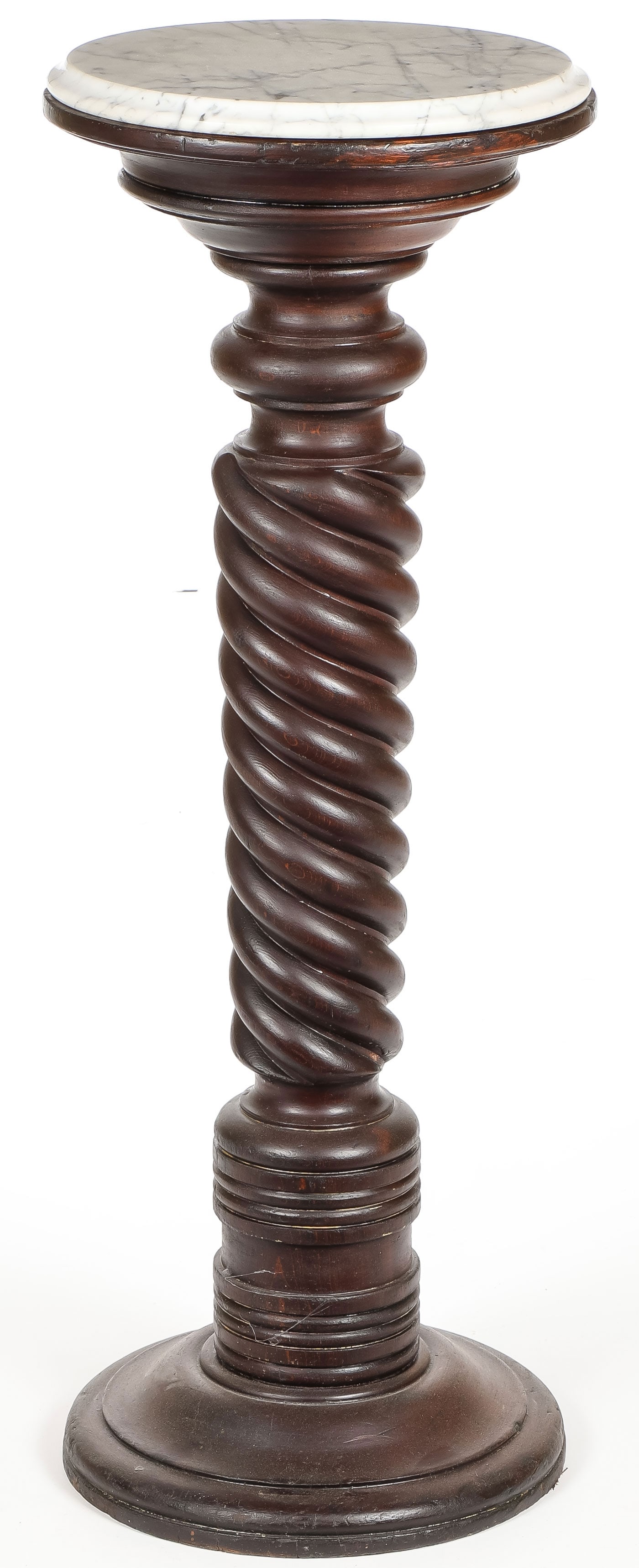 VINTAGE TWIST CARVED PEDESTAL: VINTAGE TWIST CARVED PEDESTAL. Of tapering, twist-carved form with round marble top. Height 39 inches.SHIPPING NOTICE:If you are not using the Live Auctioneers Live Ship program, Jackson's is please