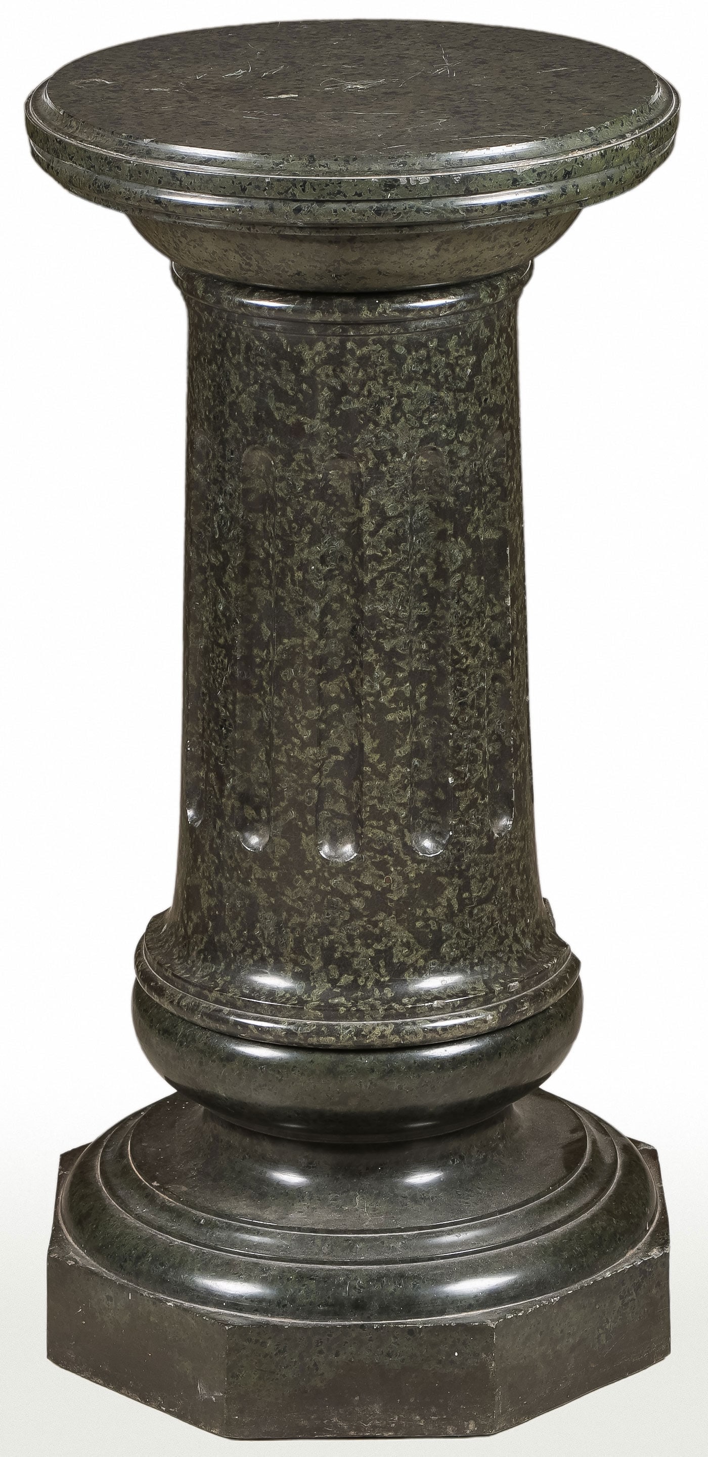 SUBSTANTIAL VINTAGE MARBLE PEDESTAL STAND: SUBSTANTIAL VINTAGE MARBLE PEDESTAL STAND. The octagonal stepped base supporting a fluted column with flared circular rotating surface. Some losses height 31.5 inches.SHIPPING NOTICE:If you are not