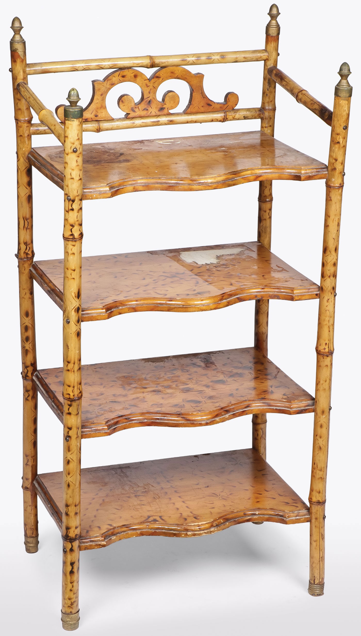 ENGLISH BURNT BAMBOO ETAGERE, 19TH C: ENGLISH BURNT BAMBOO ETAGERE, 19TH C. With four scalloped and beveled edged shelves, the supports terminating in brass hardware. Height 36.25 inches (92cm), width 18 inches (45.7cm), depth 12.5 inches