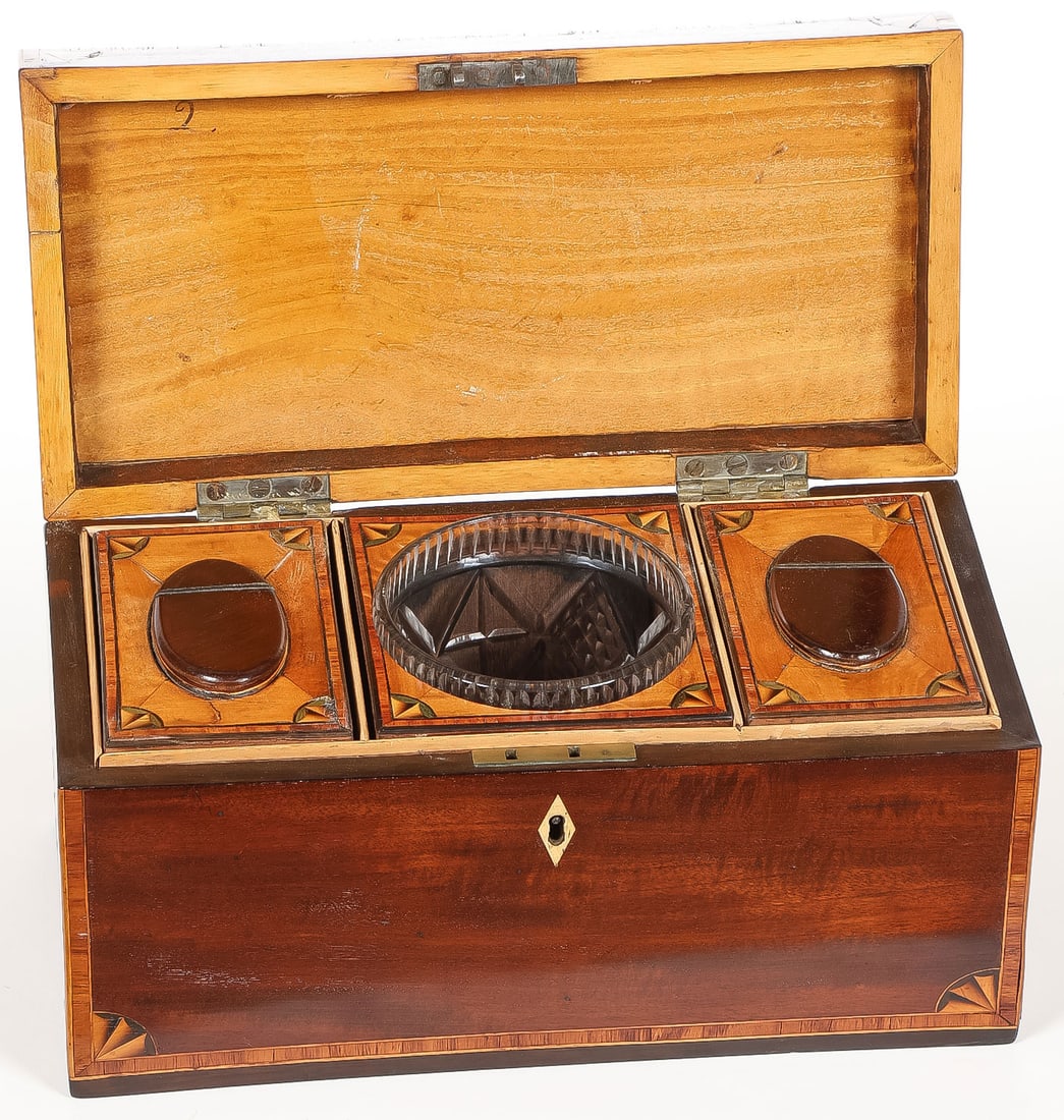ENGLISH SHERATON MAHOGANY INLAID TEA CADDY: ENGLISH SHERATON MAHOGANY INLAID TEA CADDY. Of rectangular form with inlaid banded edges and fan inlaid corners. The lid with floral painted oval medallion with swivel handle. The interior centered wi