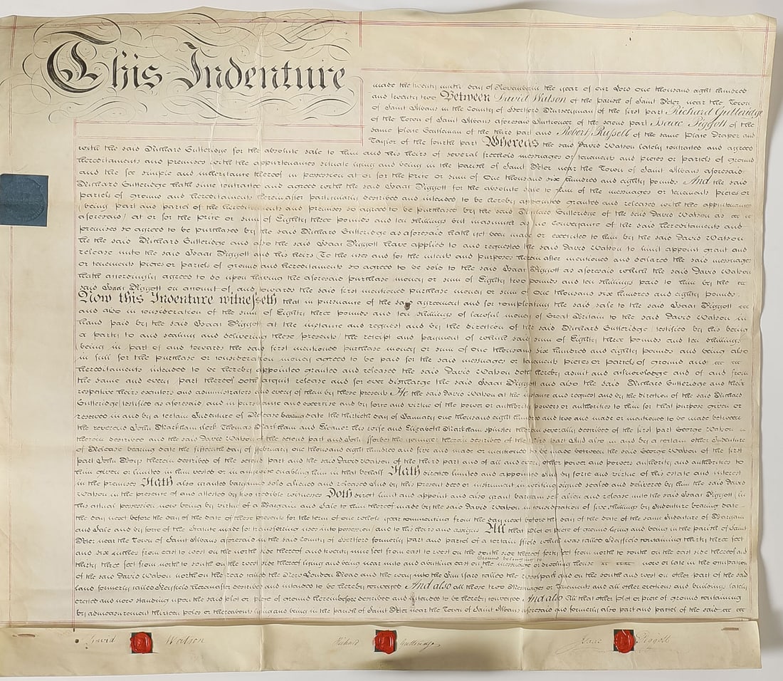 ENGLISH HAND LETTERED INDENTURE, 1822: ENGLISH HAND LETTERED INDENTURE, 1822. Comprising a large and impressive hand-lettered parchment land indenture dated November 1822 and with signed wax seals on lower margin. 23.5 x 27.25 inches, unf