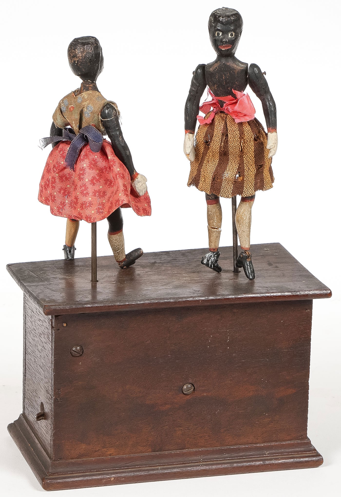 IVES DANCING AUTOMATON, C. 1875: IVES DANCING AUTOMATON, C. 1875. Comprising an early clockwork wind-up automaton with double dancing minstrel figures of carved and painted wood with articulated joints, original clothing, and lead sh