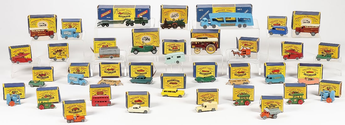 37 EARLY MATCHBOX VEHICLES WITH BOX: 37 EARLY MATCHBOX VEHICLES WITH BOX. Comprising 37 original Lesney Matchbox series vehicles with matching boxes, as shown, as well as 13 other vehicles without boxes, as well as a Pickford's Lesney tr
