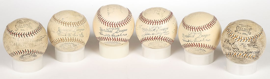 SIX VINTAGE PRO SIGNED BASEBALLS, C 1930's: SIX VINTAGE PRO SIGNED BASEBALLS, C 1930's. Comprising six individual signed baseballs, from left to right, a circa 1930 Chicago Cubs signed ball. Readable signatures include Fred Blake, Clyde Buck, W