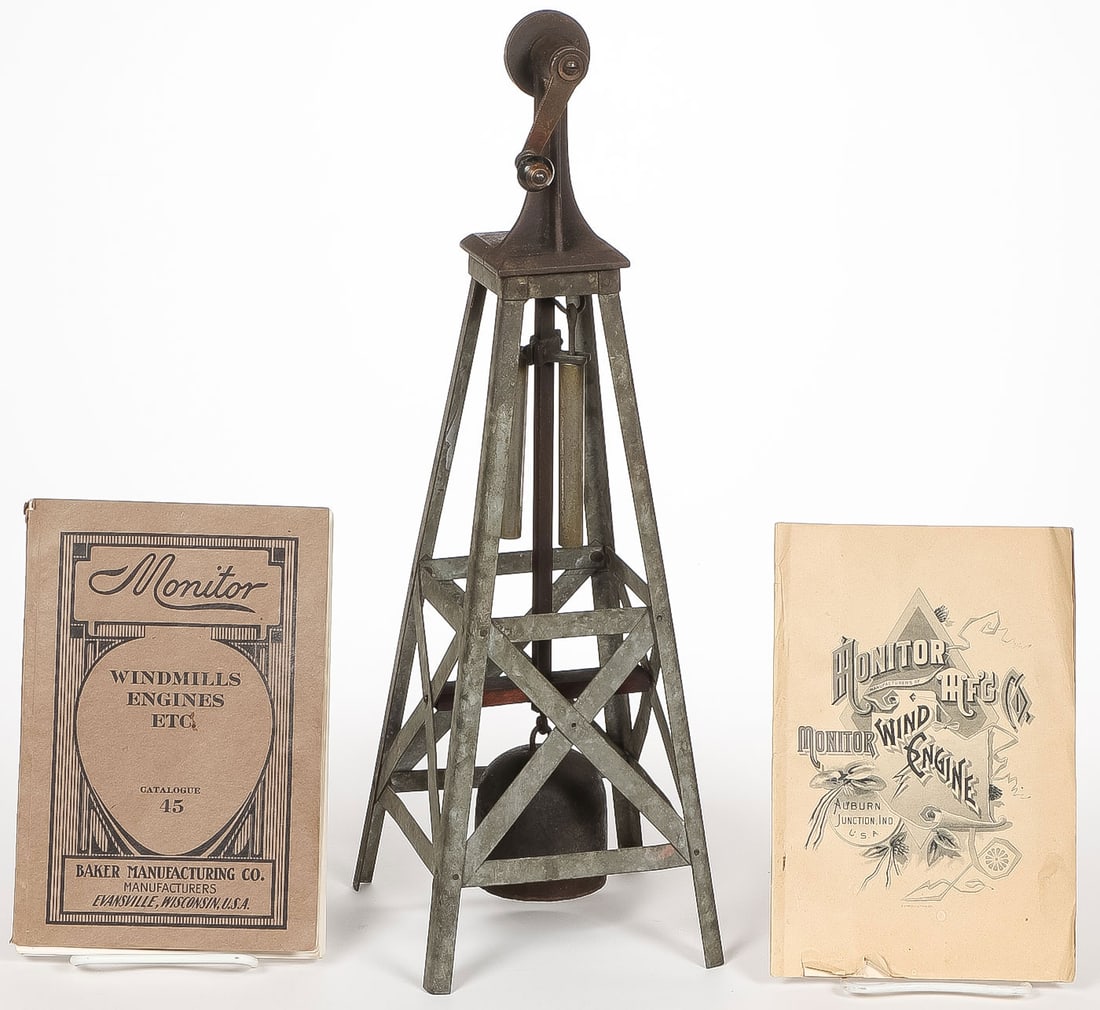 VINTAGE MODEL WINDMILL IMPROVEMENT MODEL, C. 1916: VINTAGE MODEL WINDMILL IMPROVEMENT MODEL, C. 1916. Comprising a handmade galvanized tin and cast-iron windmill model exhibiting an attachment consisting of a pair of encased coil springs to reserve th