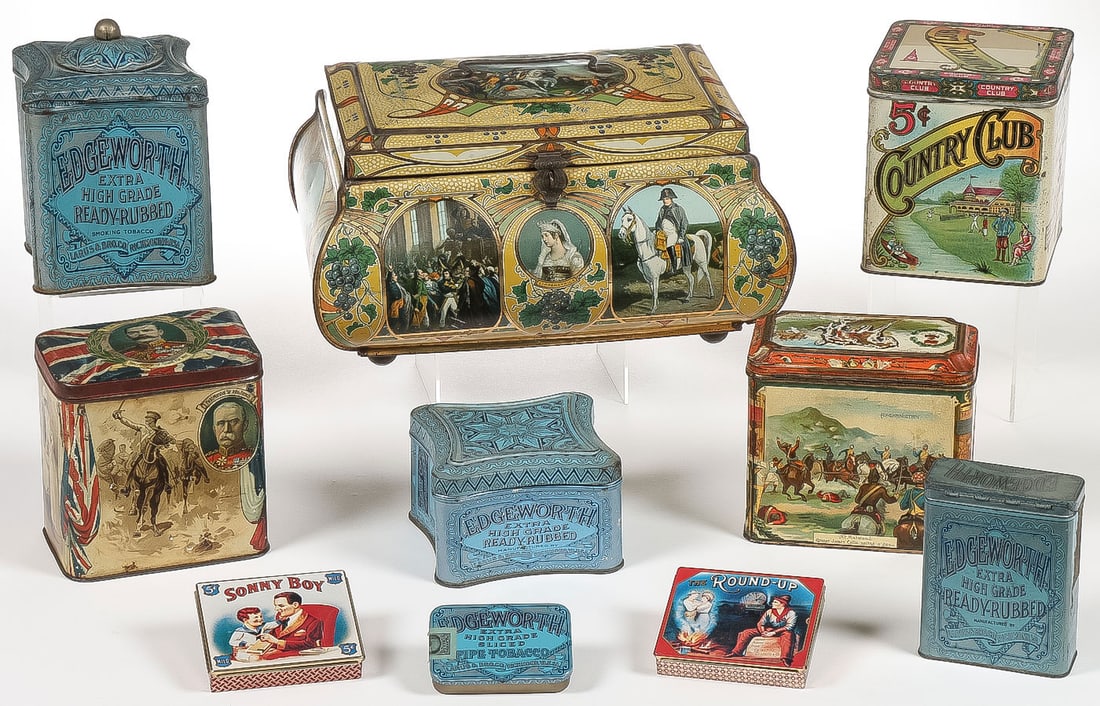10 GOOD TOBACCO ADVERTISING & OTHERS: 10 GOOD TOBACCO ADVERTISING & OTHERS. Comprising 4 Edgeworth tobacco tins in a variety of sizes, a country club tobacco tin, 3 biscuit tins including a large tin with Napolean life scenes, and two sma