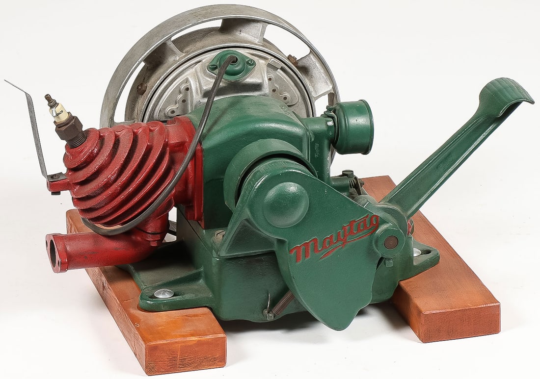 MAYTAG MODEL 92 GAS ENGINE: MAYTAG MODEL 92 GAS ENGINE. Restored, flywheel marked Type FY-ED4. Overall size including wood platform 18 x 15 x 12 inches.SHIPPING NOTICE:If you are not using the Live Auctioneers Live Ship progra