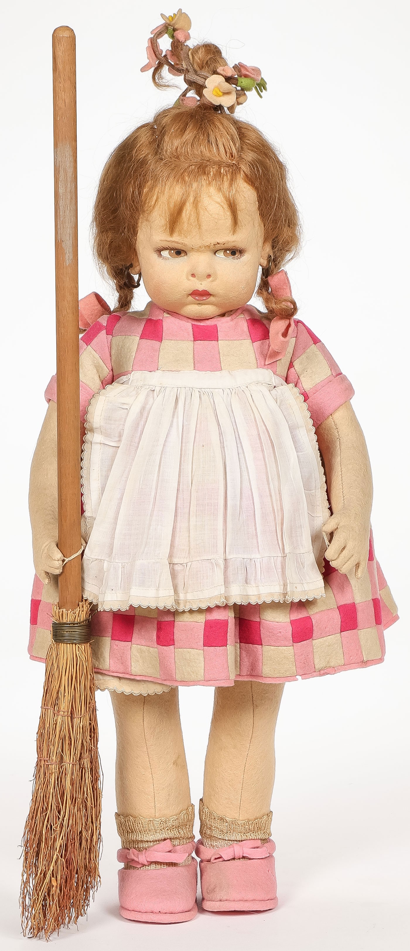 GREAT LENCI 1500 SERIES DOLL-ALL ORIGINAL: GREAT LENCI 1500 SERIES DOLL-ALL ORIGINAL. Comprising a great Lenci 1500 scowling face girl with top and side braids and original broom. Rectangular tag. Height 19 inches (48.26cm).SHIPPING NOTICE: