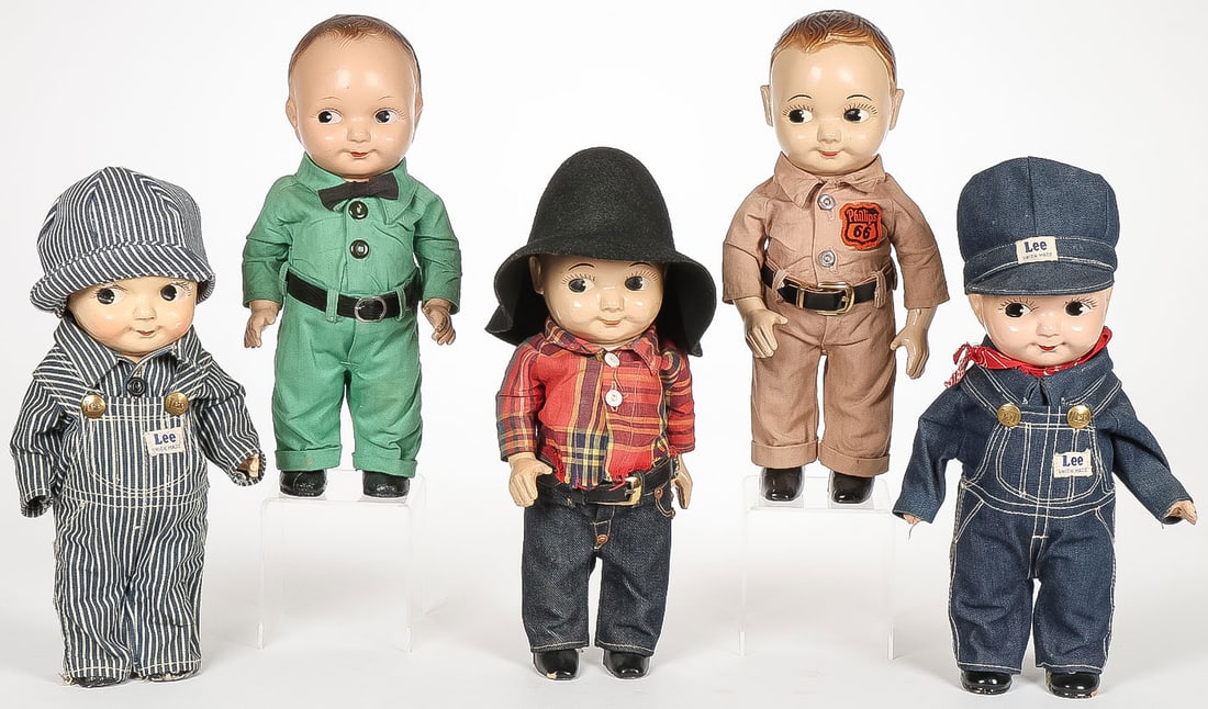 5 VINTAGE BUDDY LEE DOLLS: 5 VINTAGE BUDDY LEE DOLLS. Comprising 5 vintage Buddy Lee Dolls including Phillips 66 gas station attendants, railroad engineers, and others as shown, each measuring approximately 12.5 inches.SHIPPING