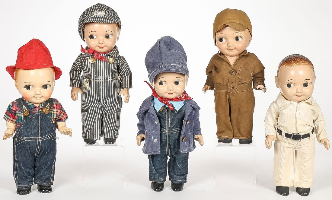5 VINTAGE BUDDY LEE DOLLS: 5 VINTAGE BUDDY LEE DOLLS. Comprising 5 vintage Buddy Lee Dolls including one with fireman's hat, railroad engineers, and others as shown, each measuring approximately 12.5 inches.SHIPPING NOTICE:If