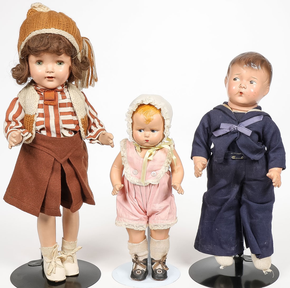 3 VINTAGE COMPOSITION DOLLS: 3 VINTAGE COMPOSITION DOLLS. Including a Whistling Jimmy and F & B Walks, Talks, and Sleep doll (all original). Greatest height 16 inches (40.64cm).SHIPPING NOTICE:If you are not using the Live Auc