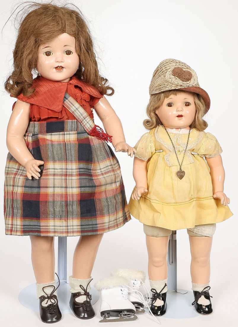 PAIR OF VINTAGE COMPO DOLLS: PAIR OF VINTAGE COMPO DOLLS. Comprising a charming F & B Mary Ann doll, all original and in very good condition, and a large composition girl doll in plaid dress, both with sleep eyes and open mouths