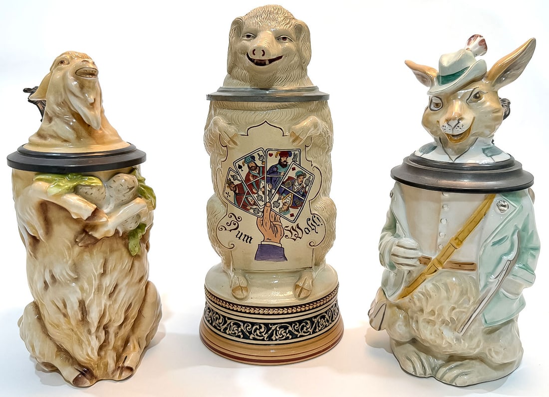 3 VINTAGE GERMAN CHARACTER BEER STEINS (1 of 2)