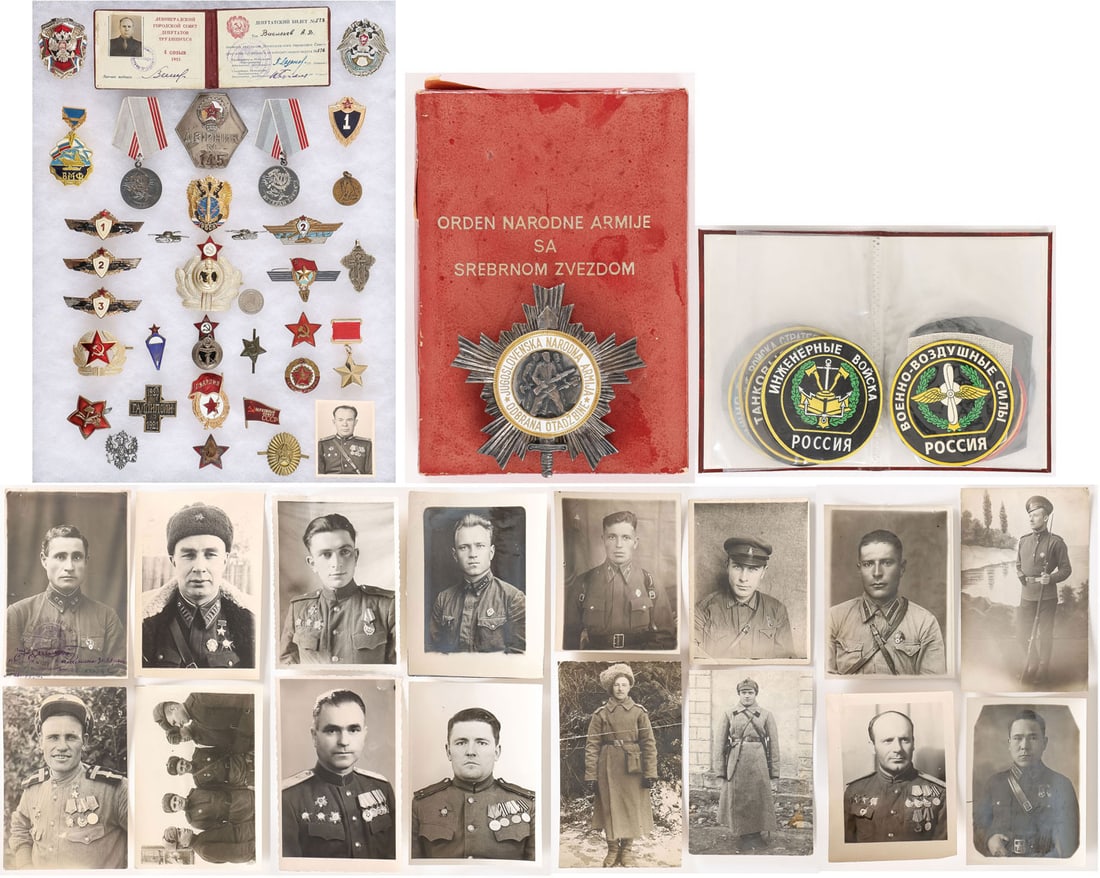 DIVERSE RUSSIAN/SOVIET INSIGNIA & PHOTO GROUP: DIVERSE RUSSIAN/SOVIET INSIGNIA & PHOTO GROUP. Comprising over 75 individual items including a Leningrad City Council Workers Deputy ID Card for 1953, a pair of Veterans of Labor medals, a Russian med