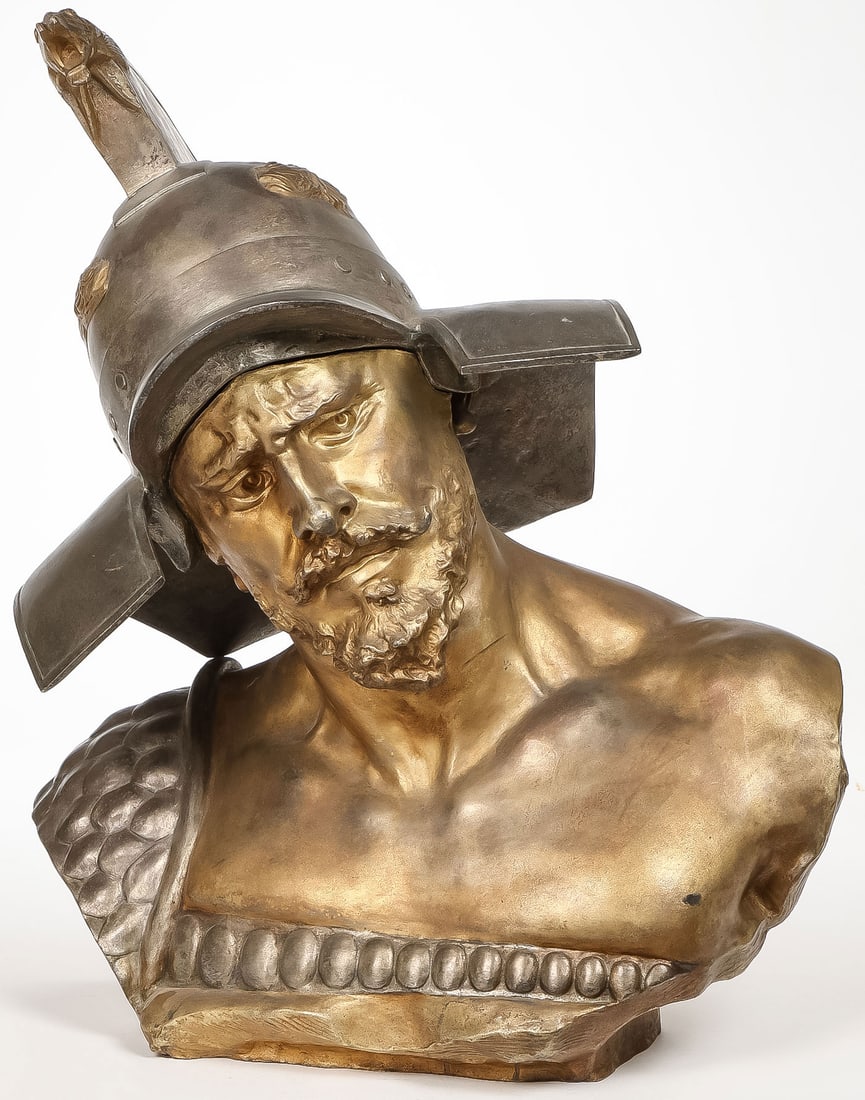 LARGE SIGNED BRONZE GLADIATOR BUST, 19TH C: RICHARD AURILI (Italian 1834-1914)Bust of a Gladiator Bronze with silver and gold patinaInscribed on shoulderHeight 24 inches (61cm)Provenance: Jackson's Internatio
