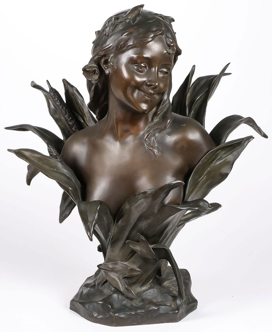 GREAT SIGNED FRENCH ART NOUVEAU BRONZE: HENRI GODET (French 1863 - 1937)Spring Emerging Bronze with dark brown patinaSigned on baseHeight 24 inches (61cm)SHIPPING NOTICE:If you are not using the Live Auct