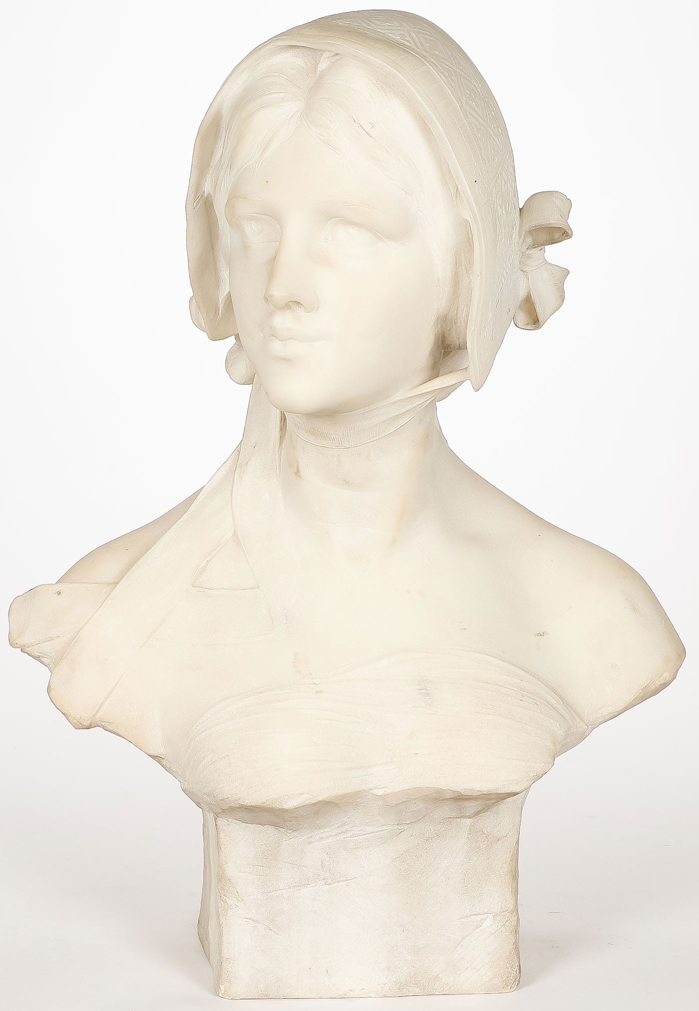 GREAT SIGNED ITALIAN CARVED MARBLE BUST: EMILIO P. FIASCHI (Italian 1858-1941)A Young Maiden with Bonnet -circa 1890 Carved marbleSigned on verso FiaschiHeight 22.5 inches (57 cm)LOCAL PICKUP OR 3RD PARTY SHIPPER ONLY