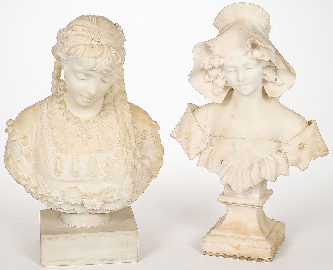 PR ITALIAN CARVED ALABASTER BUSTS, C. 1890: PR ITALIAN CARVED ALABASTER BUSTS, C. 1890. On the left a finely carved bust of Margherita, and on the right a young beauty wearing a bonnet. Neither apparently signed. Greatest height 16.25 inches (4