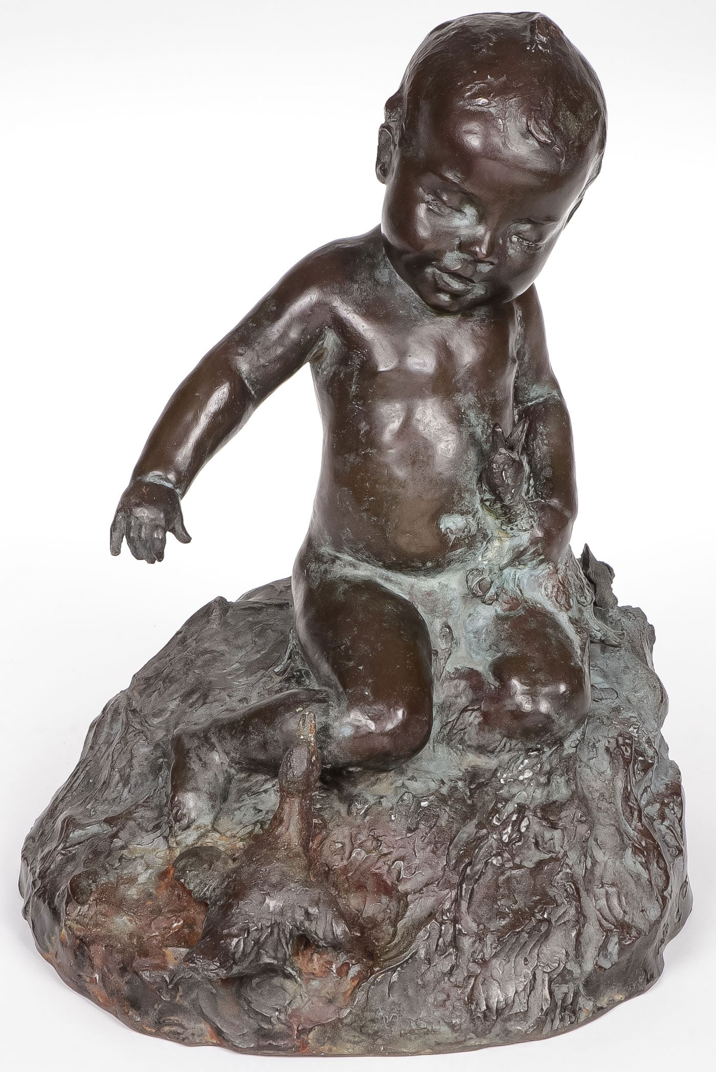SCARCE EDWARD BERGE FIGURAL BRONZE FOUNTAIN: EDWARD BERGE (American 1876-1924)Boy with Duck - a figural fountain - circa 1890 Bronze with brown and Verdigris patina, the underside plumbedSigned on base and with B. Zoppo foundry markHeight 10.5