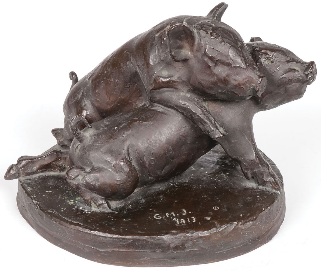CHARMING GRACE M. JOHNSON BRONZE DATED 1913: GRACE MOTT JOHNSON (American 1882-1967)Piglets Bronze with dark brown patinaSigned with initials and dated on base 1912 and Roman Bronze Works N.Y. foundry markHeight 7 inchesSHIP