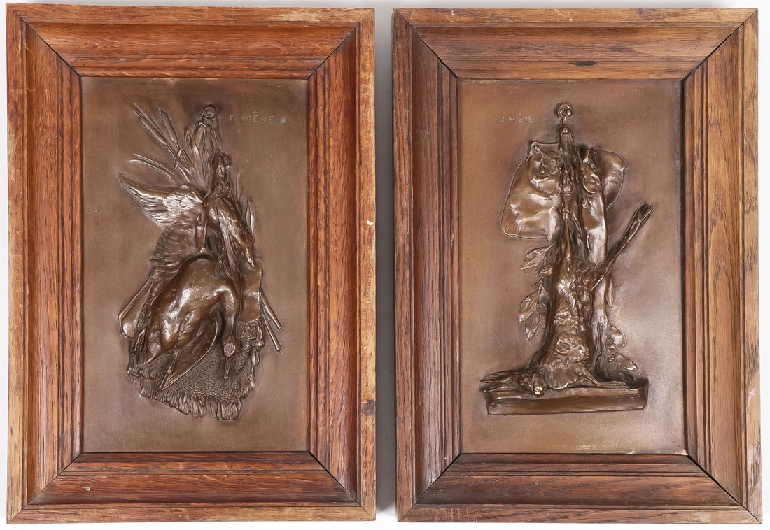 SIGNED FRENCH BRONZE GAME PLAQUES, MENE, 19TH C: SIGNED FRENCH BRONZE GAME PLAQUES, MENE, 19TH C. Comprising a pair of scarce cast and patinated bronze game or hunt plaques. The first depicting a woodcock and a duck with cattails. The second with a