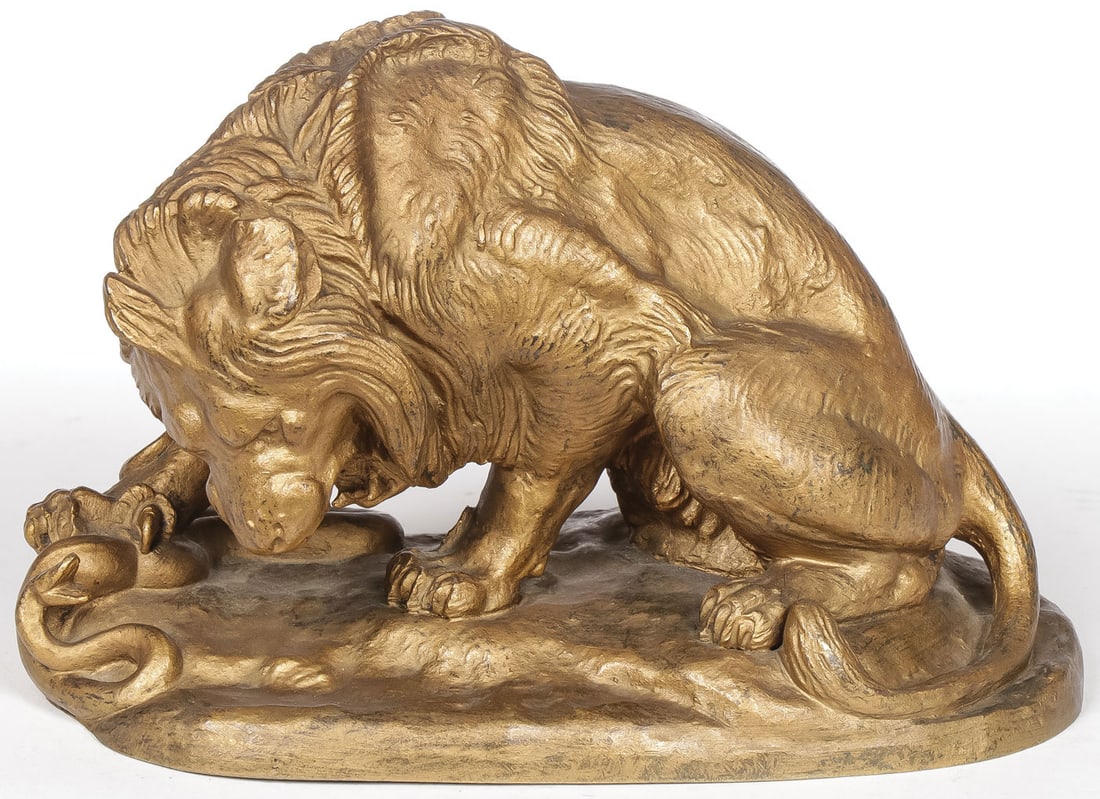 LION & SERPENT BRONZE AFTER BAYRE: LION & SERPENT BRONZE AFTER BAYRE. With gilt patina, signed on base, a 19th century casting. Greatest height 4.25 inches (10.7cm), greatest width 6.5 inches (16.5cm). SHIPPING NOTICE: If you are not