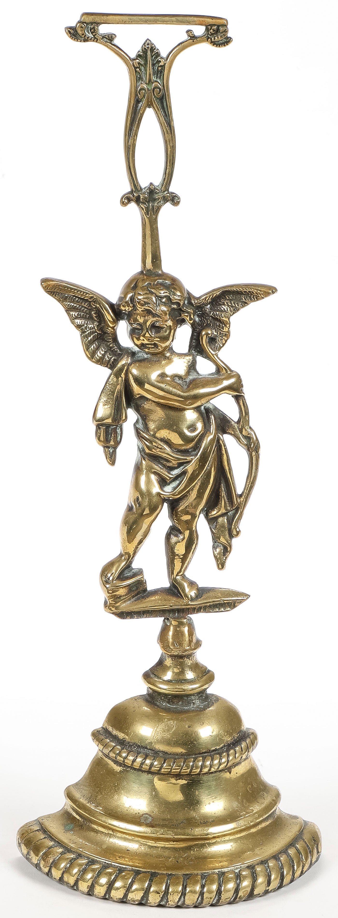 BRASS WEIGHTED DOORSTOP, C. 1850: BRASS WEIGHTED DOORSTOP, C. 1850. Resting on a bell-shaped base, supporting a cherub, with hollow back and weighted base. Height 16.5 inches (41.9cm). SHIPPING NOTICE: If you are not using the Live