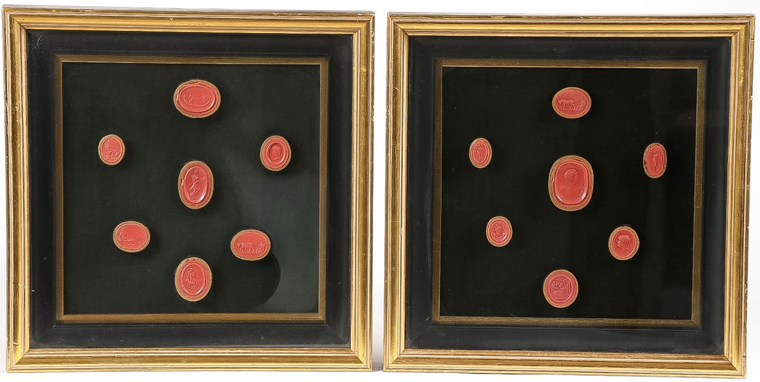 PAIR OF ATTRACTIVELY FRAMED SEALS: PAIR OF ATTRACTIVELY FRAMED SEALS. Comprising a pair of finely framed red seals wrapped in gilt oval bezels and mounted on black velvet. Overall size including matching glazed gilt frames with gilt li